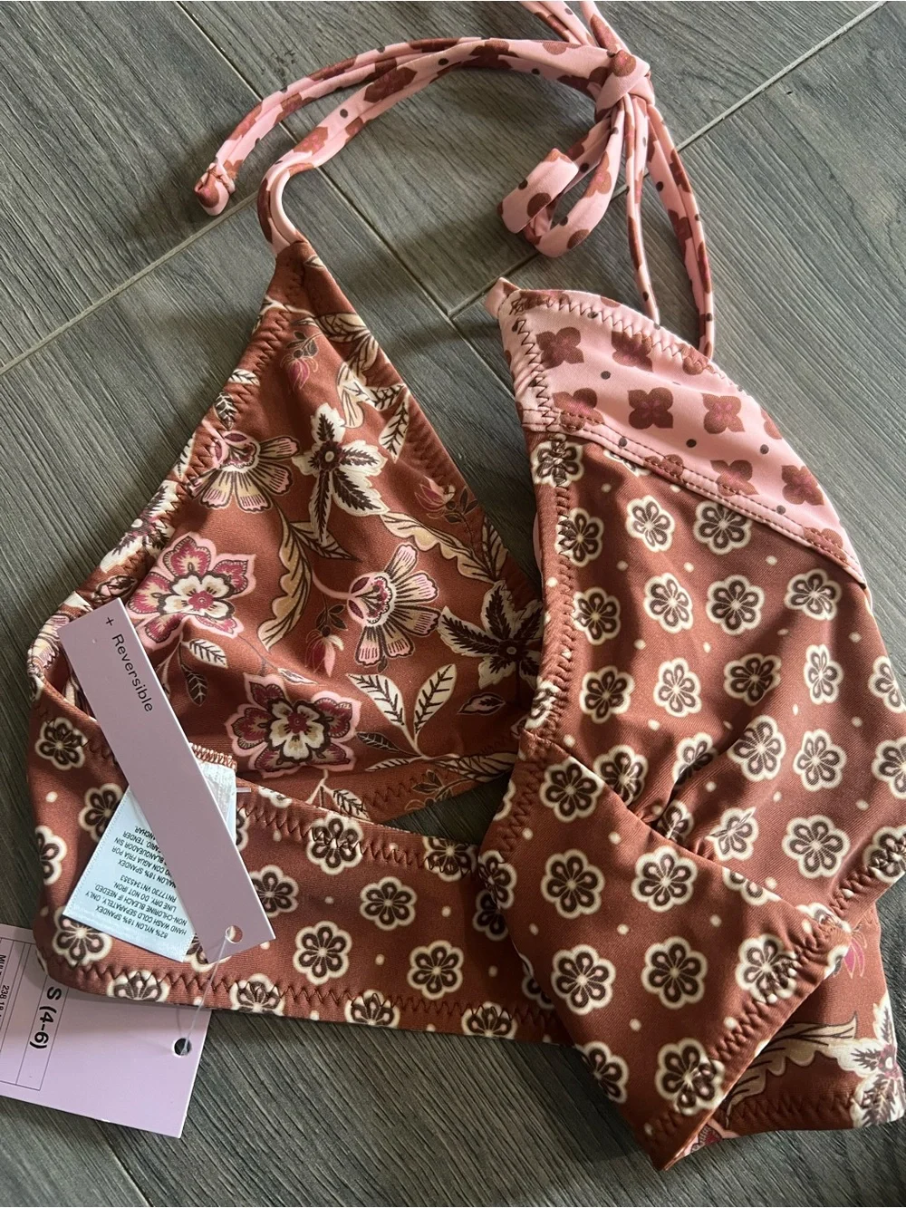 Target Brown and Pink Floral Reversible Bikini Top
